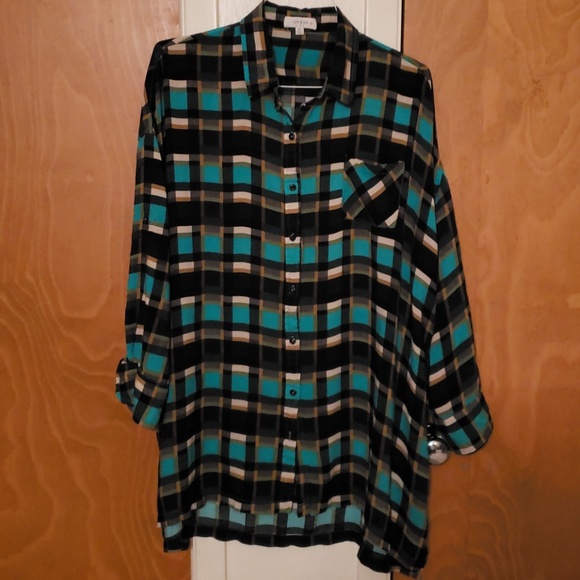 Navy/Turquoise Umgee Buffalo Plaid shirt - Picture 1 of 4